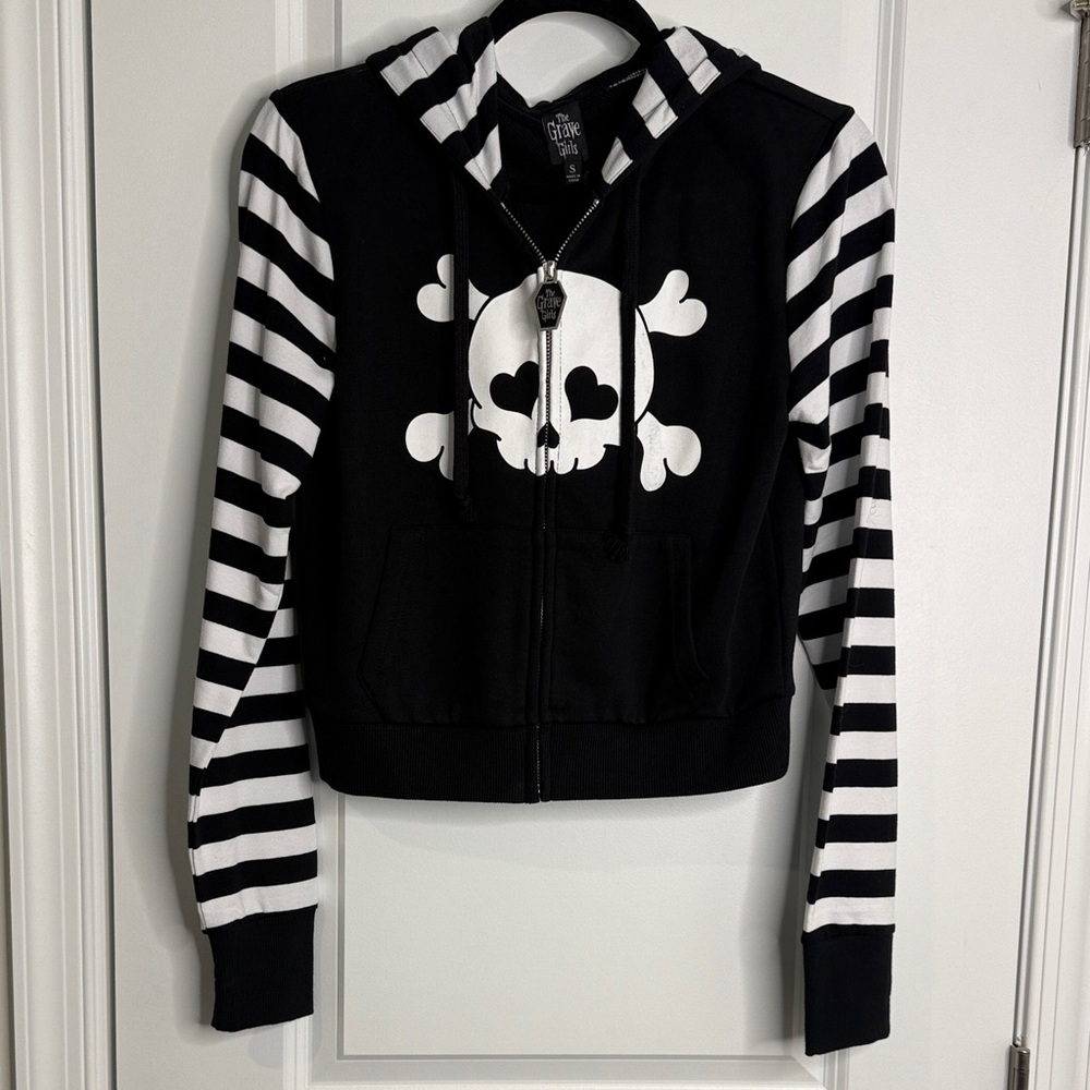 Dolls Kill Black and White Striped Skull Hoodie
